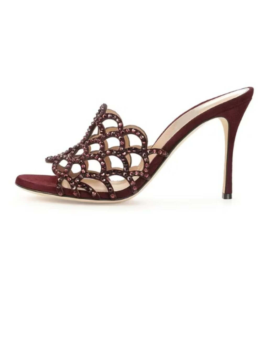 FSJ Burgundy Vegan Suede Rhinestone Open Toe Cutout High Heel Mules